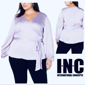 INC Satin Lilac Faux Wrap Puff Sleeve Blouse   Church Wedding Guest Purple Top